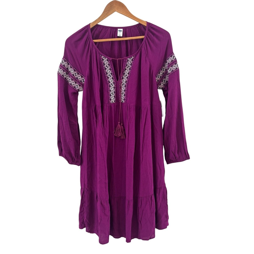 Old Navy Embroidered Peasant Dress Womens Size M Purple Tassel Festival Boho